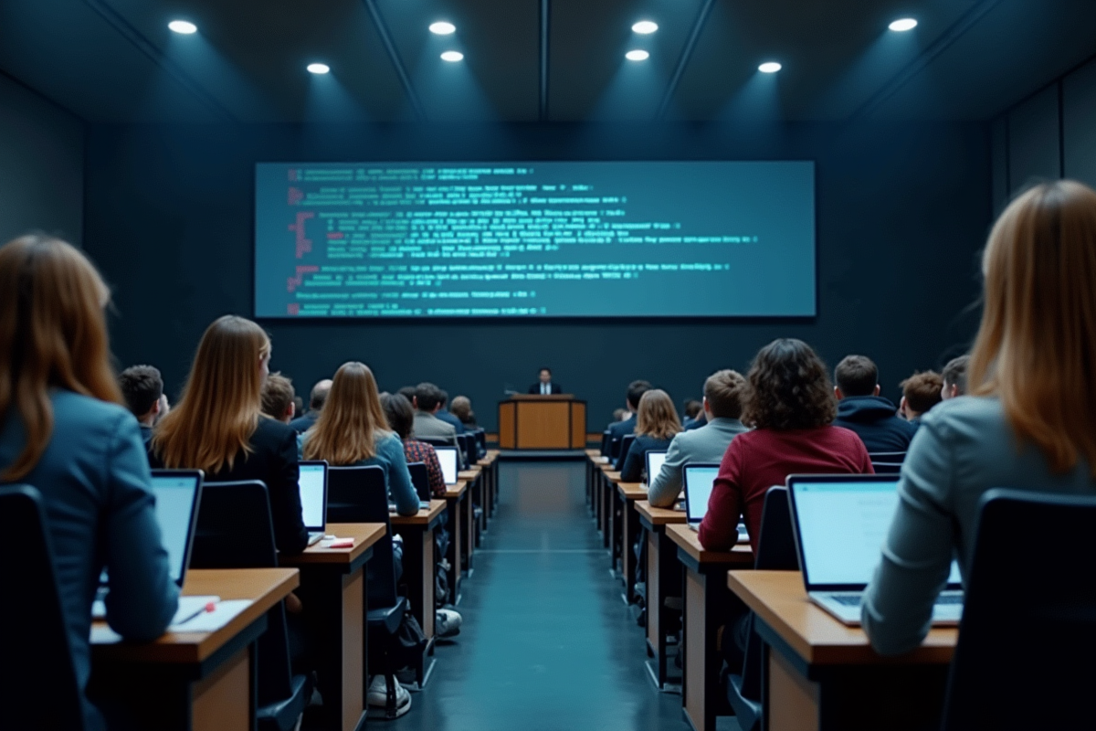 Étudiants en amphithéâtre concentrés sur leurs tablettes avec code digital