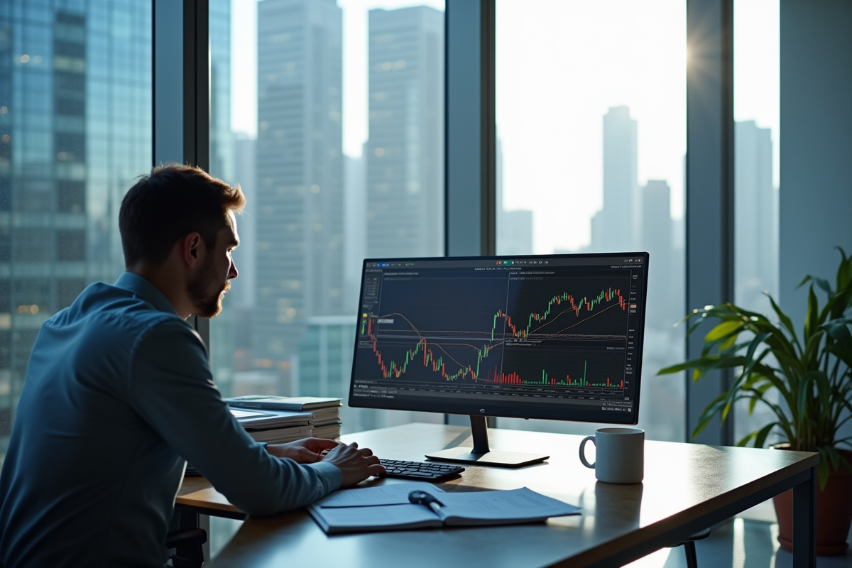 Analyste financier travaillant sur un bureau moderne avec graphiques