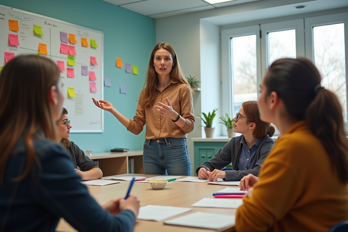 Jeune enseignant anime un atelier avec parents et élèves