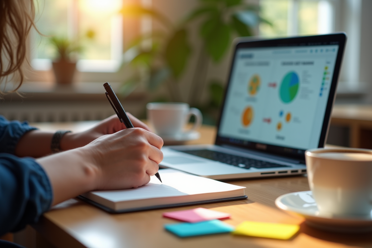 Espace de travail cosy avec mains écrivant dans un cahier de grammaire