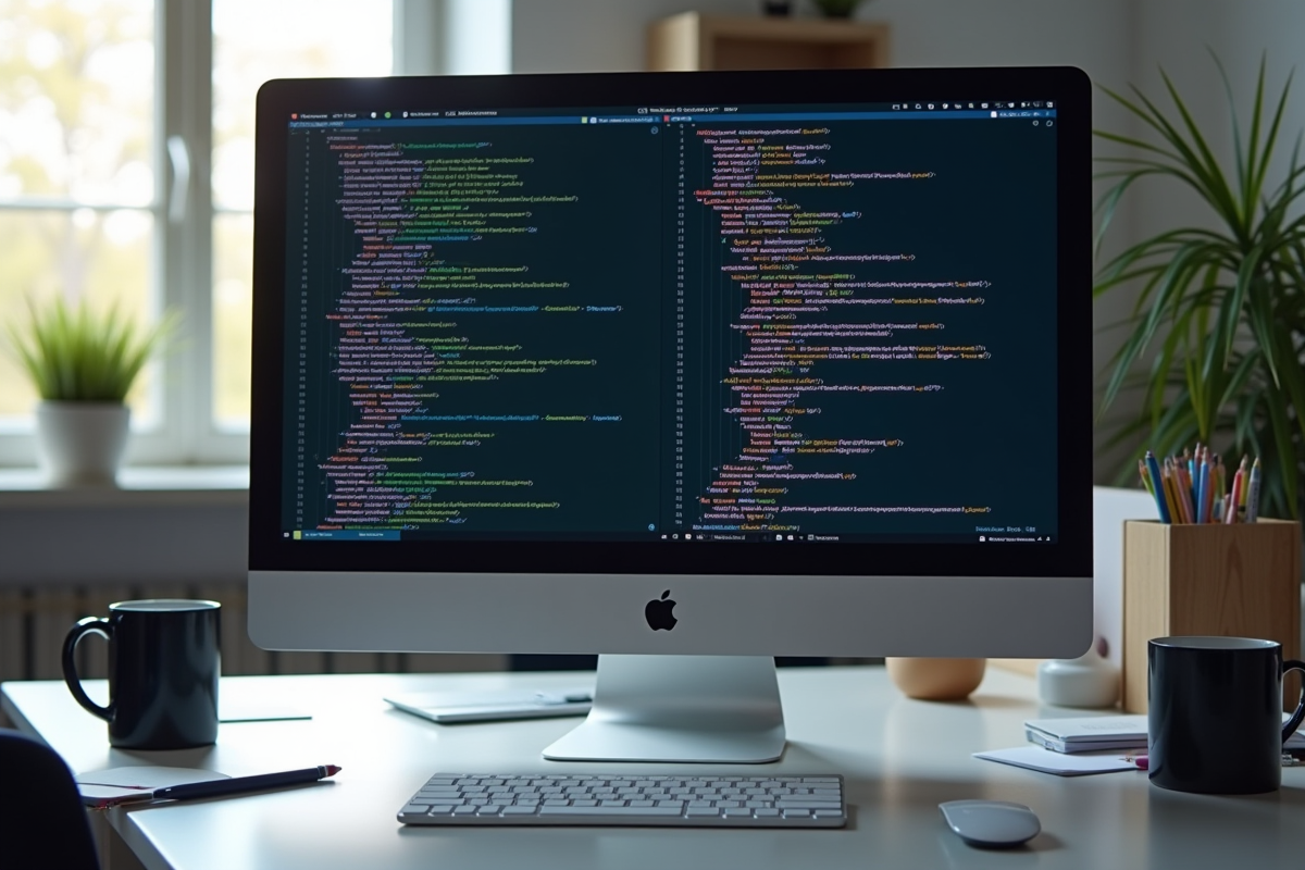 Espace de travail moderne avec écran affichant code HTML et CSS