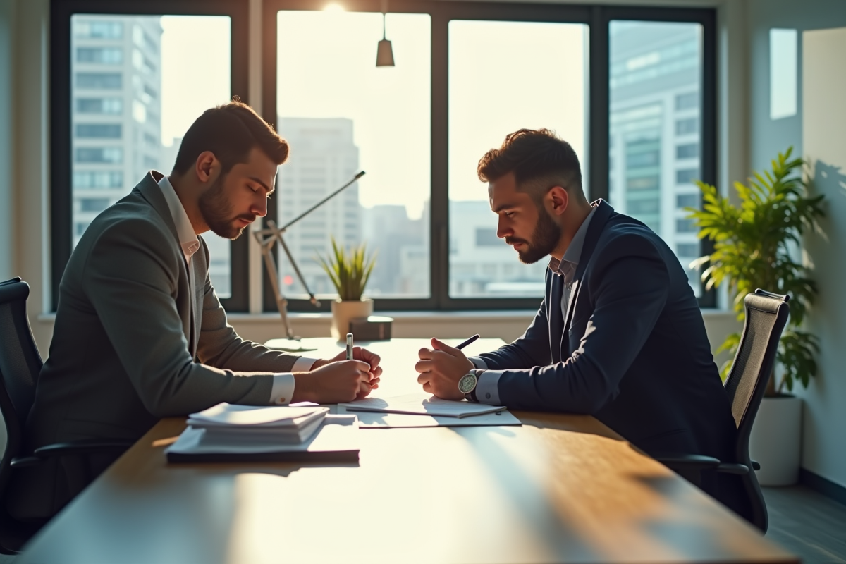 Deux professionnels collaborent au bureau avec documents en langues différentes