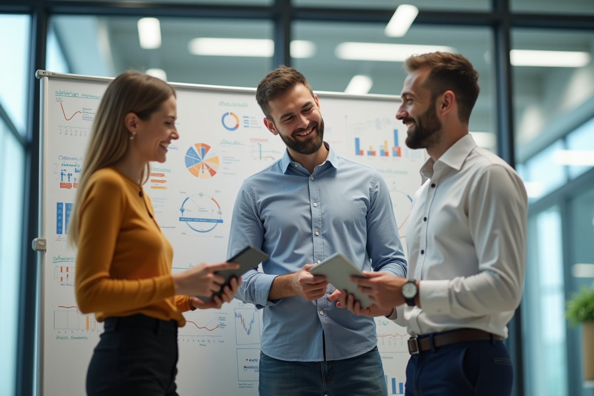 Manager et deux collaborateurs discutant dans un espace lumineux