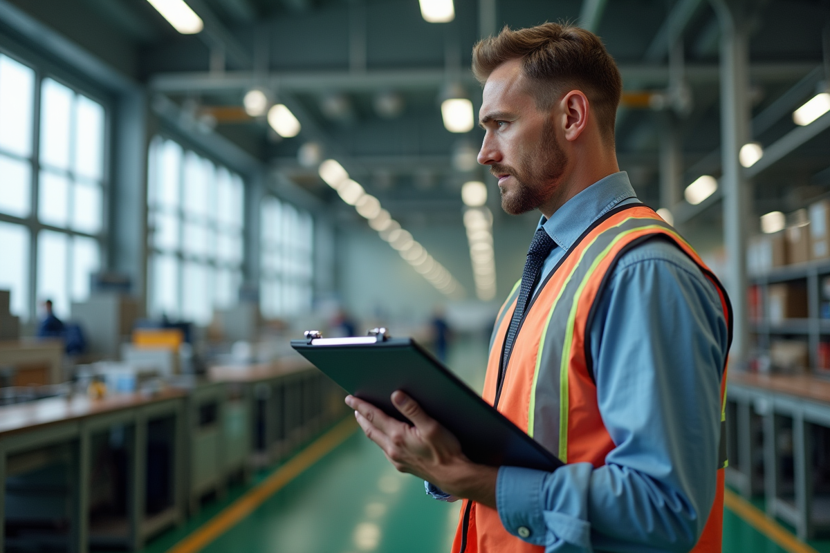 Responsable qualité inspectant une ligne de production