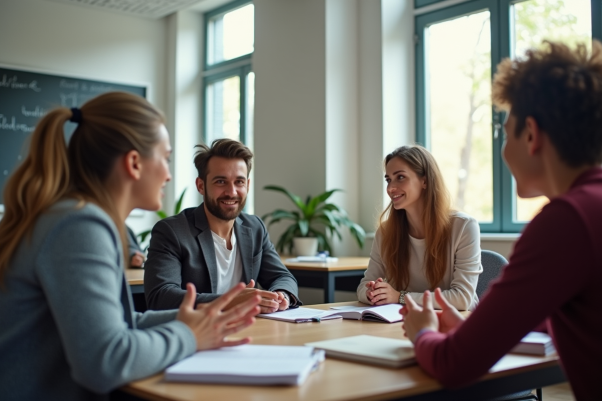 Enseignant menant une discussion avec des élèves dans une classe moderne