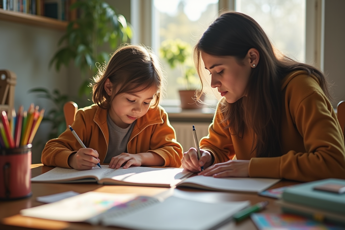 Enfant et parent apprenant ensemble dans un cadre chaleureux