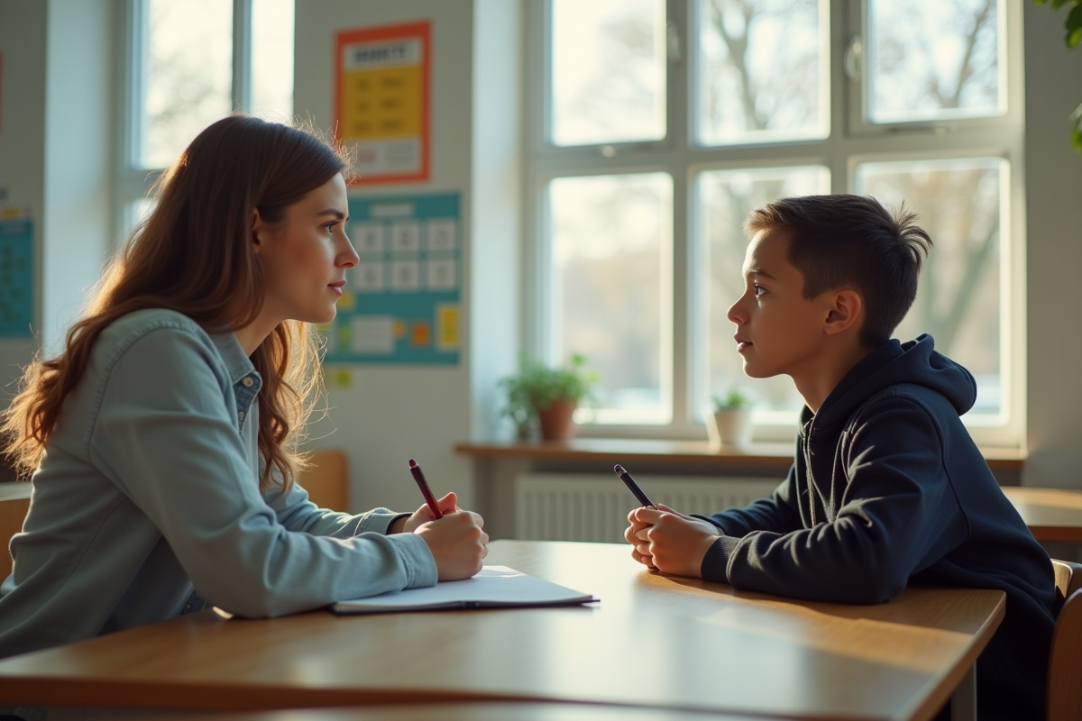 Professeur calme et élève parlant lors d'une séance en classe