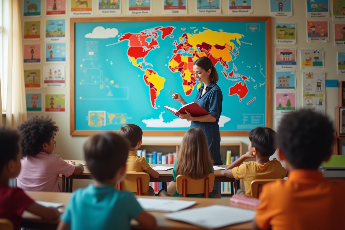 Professeur devant une carte du monde avec enfants