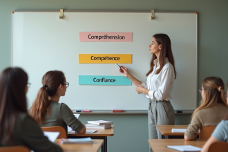 Jeune enseignante arrangeant des cartes éducatives en classe