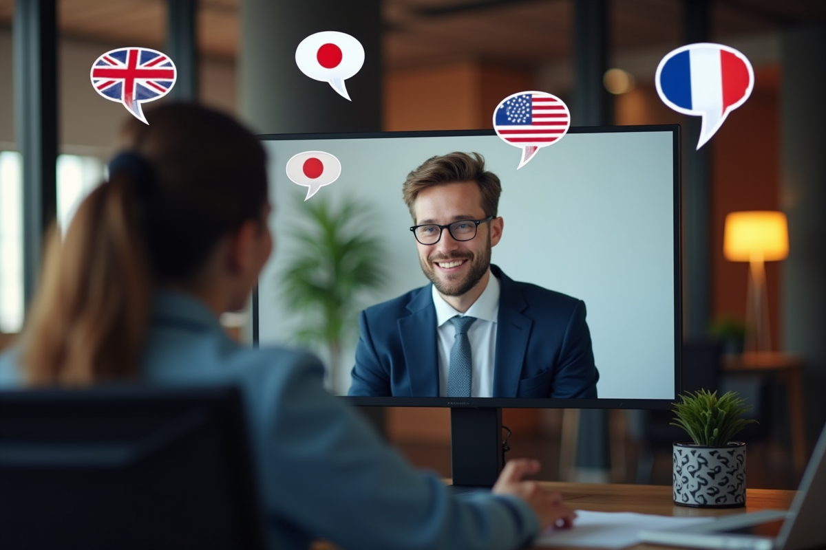 Candidat en visioconference avec drapeaux langues