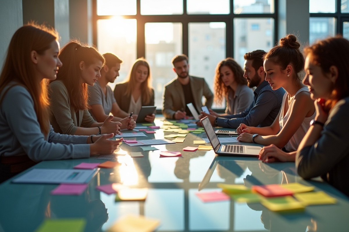 Groupe diversifié en brainstorming dans un bureau lumineux