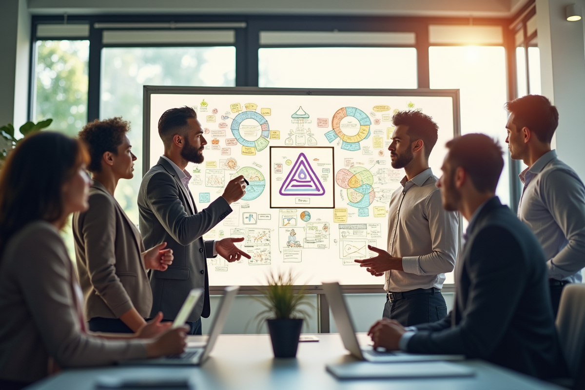 Équipe diversifiée en brainstorming dans un bureau lumineux