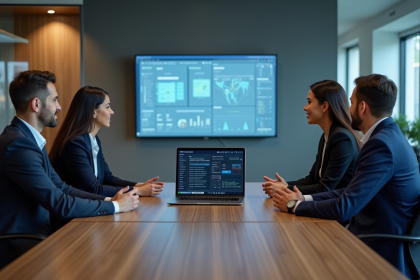 Groupe de professionnels autour d'un ordinateur en r&eacute;union