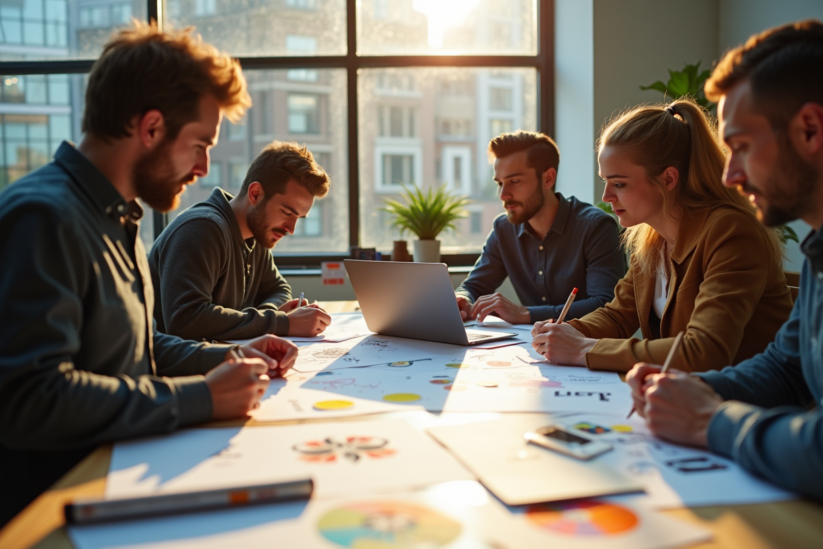 Groupe de professionnels créatifs collaborant autour d'une table moderne