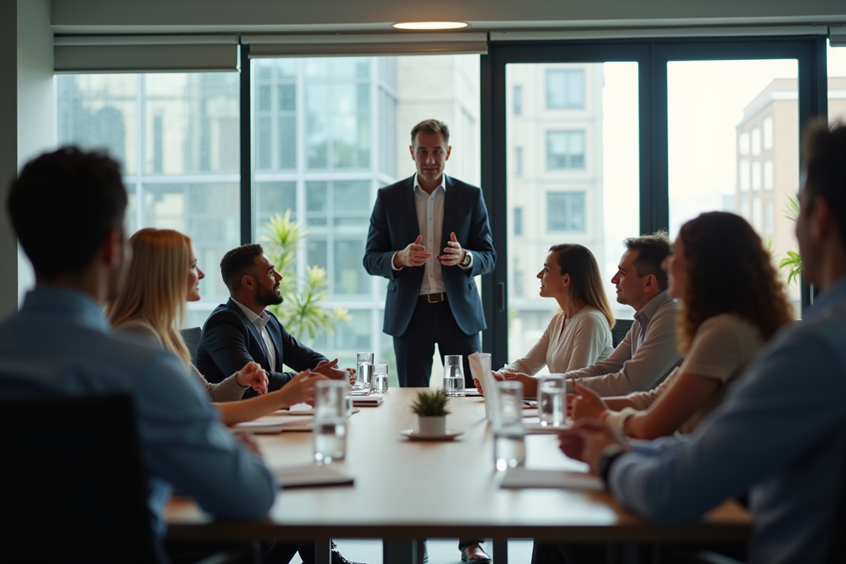Manager confiant dirigeant une equipe diverse en réunion
