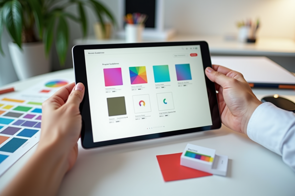 Mains tenant des cartes de visite et une tablette avec guide de marque