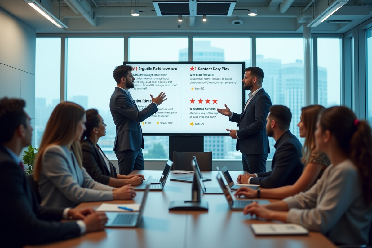 Equipe professionnelle en réunion avec avis en ligne