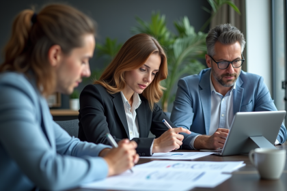 Groupe de chercheurs en réunion dans un bureau moderne