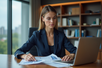 Femme d'affaires confiante en costume navy analysant des graphiques