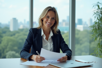 Femme d'affaires confiante en blazer navy dans un bureau