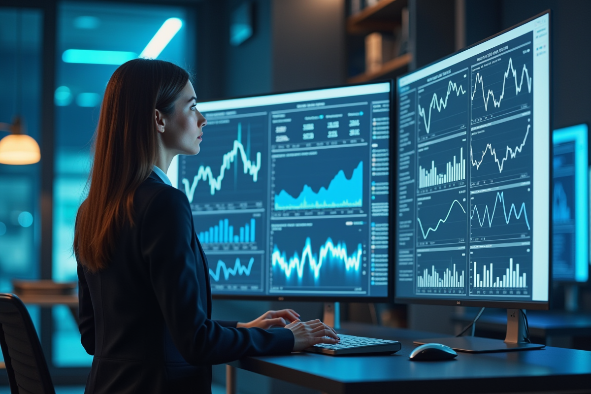 Femme confiante analysant des données sur des écrans futuristes