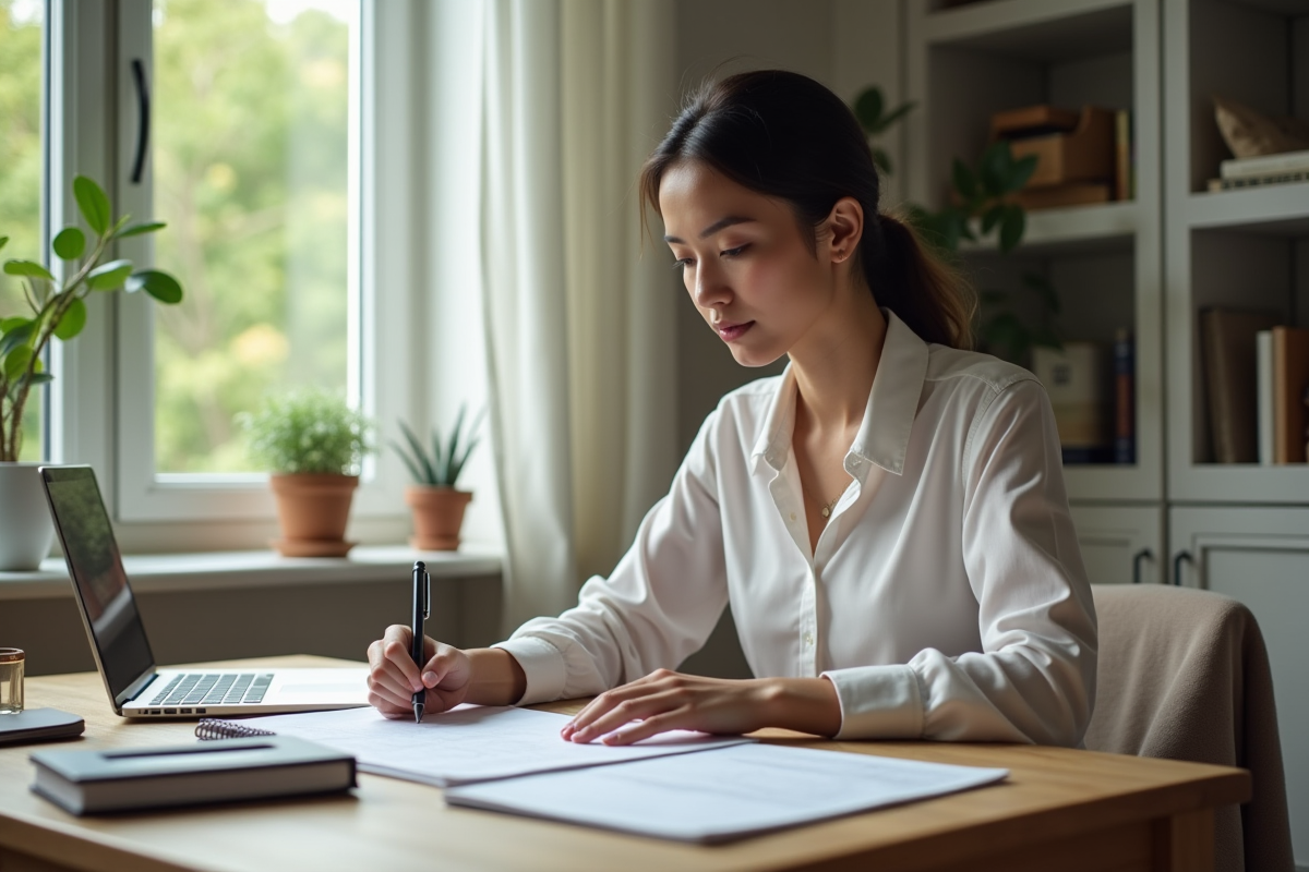 Jeune femme dessinant un plan de développement personnel dans un bureau à domicile