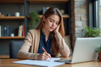 Jeune femme concentrée prenant des notes dans un bureau moderne
