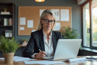 Femme d'âge moyen au bureau utilisant un ordinateur et une tablette