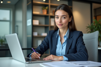 Femme concentrée en bureau avec documents de paie