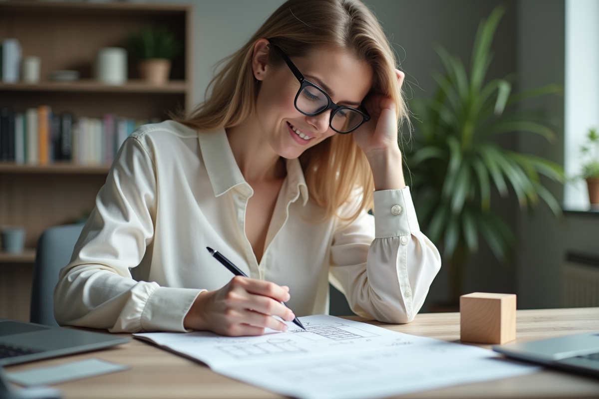 Femme dessinant un cube en mathématiques dans son bureau