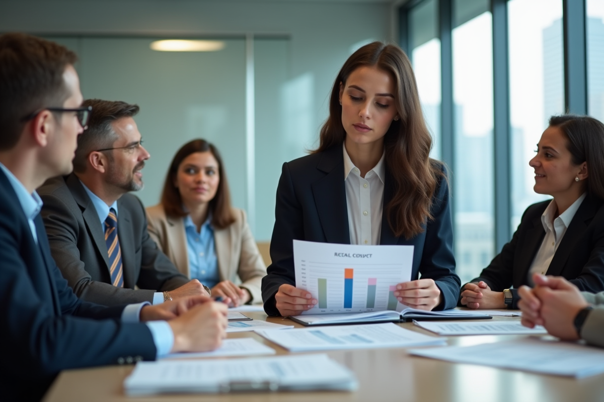 Jeune femme en réunion expliquant un graphique fiscal à un groupe