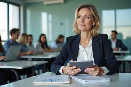 Femme d'&acirc;ge moyen en formation dans un bureau lumineux