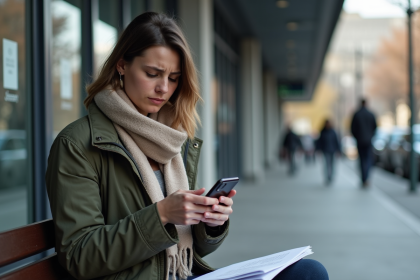 Femme inquiète avec documents devant centre emploi