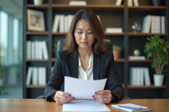 Femme professionnelle lisant un document sur la réforme 2018