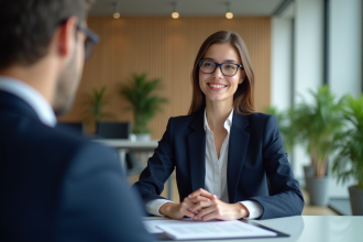Jeune femme en costume navyblue en négociation au bureau