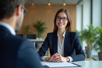 Jeune femme en costume navyblue en n&eacute;gociation au bureau