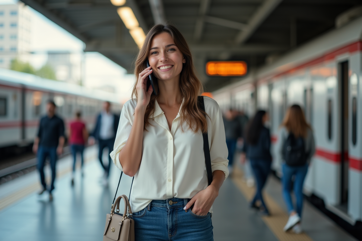 Jeune femme parlant au smartphone dans une gare