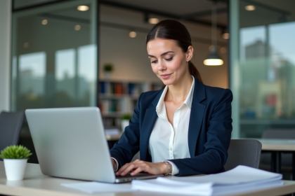 Femme d'affaires concentrée sur son ordinateur dans un bureau moderne
