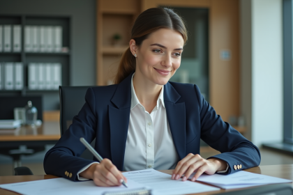 Femme professionnelle en bureau moderne pour article sur l'administration