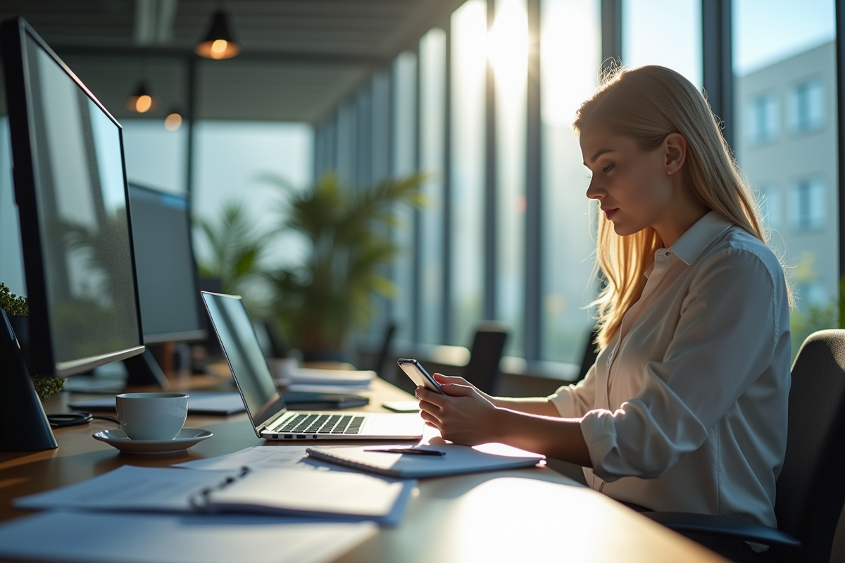Femme professionnelle multitaskant au bureau avec ordinateur