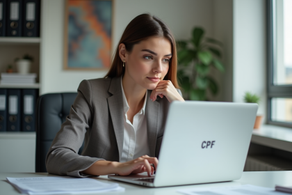 Femme en costume regardant un document CPF au bureau