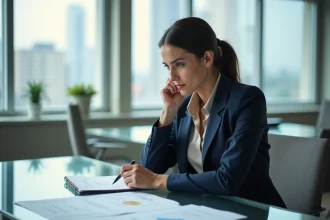 Femme en réflexion dans un bureau moderne avec notes
