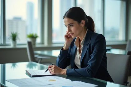 Femme en r&eacute;flexion dans un bureau moderne avec notes