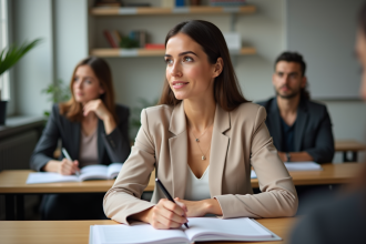 Femme en formation sophrologie prenant des notes en classe