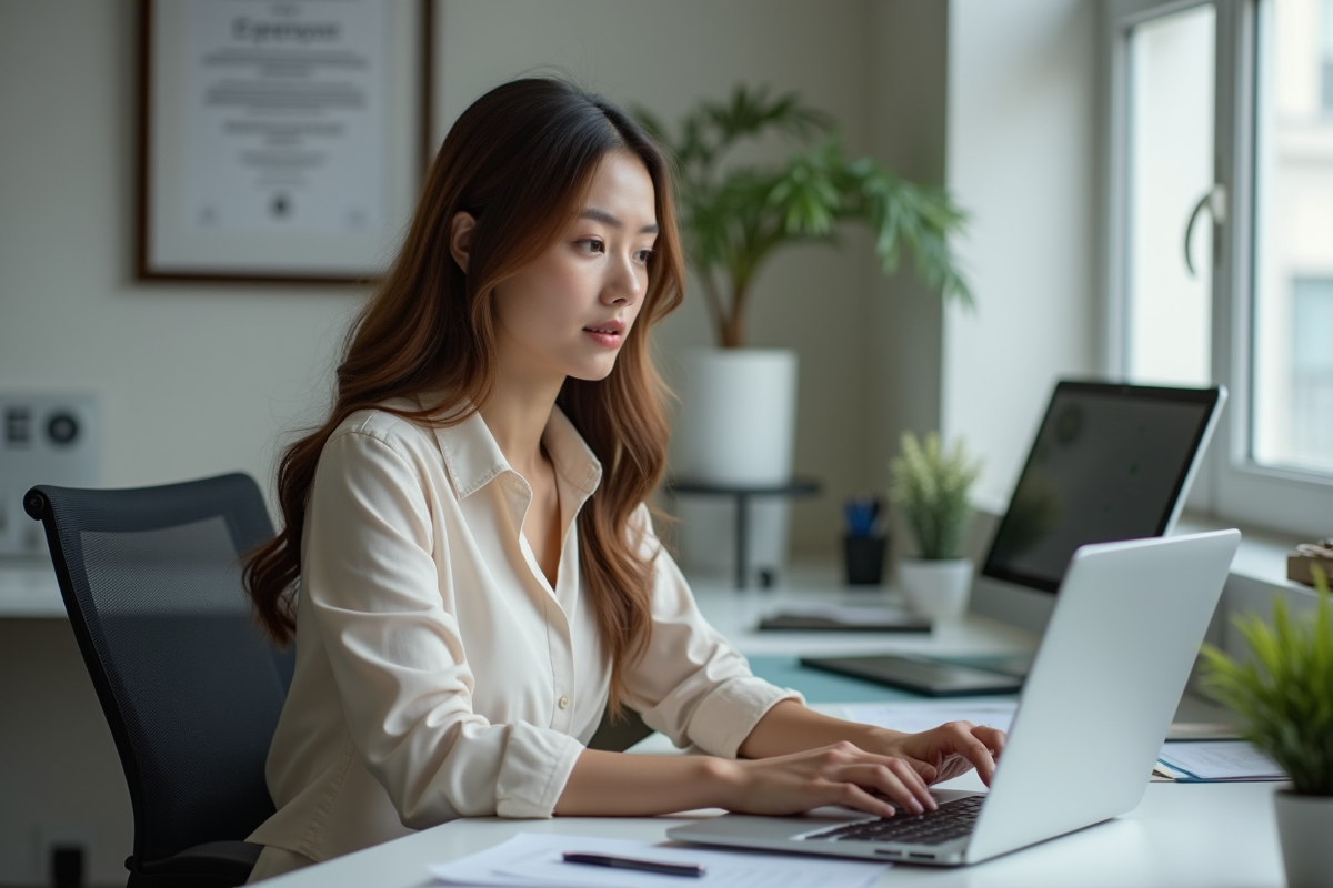 Femme confiante travaillant à son bureau avec diplôme en arrière-plan