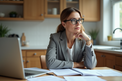 Femme concentrée dans sa cuisine moderne au travail