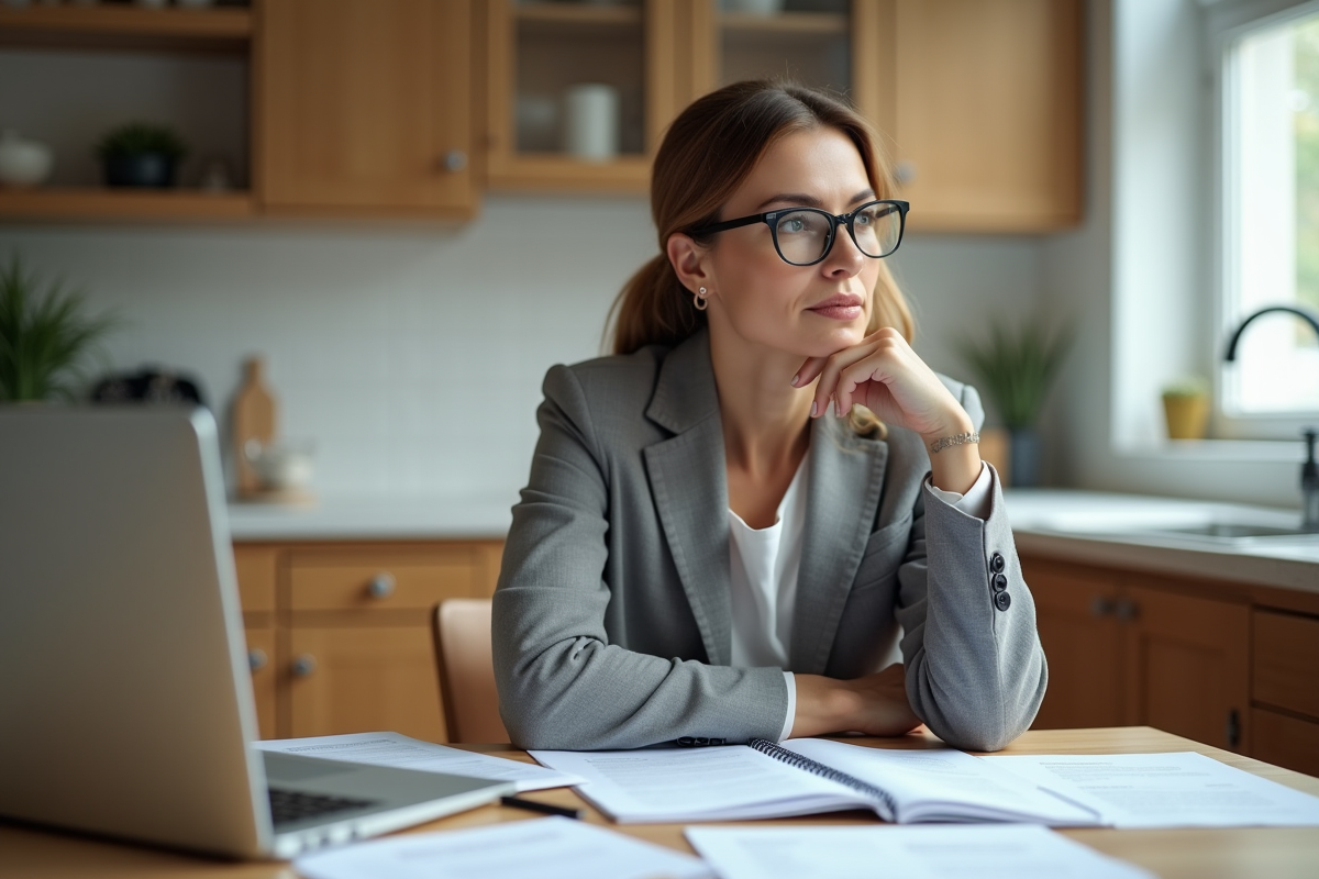 Femme concentrée dans sa cuisine moderne au travail