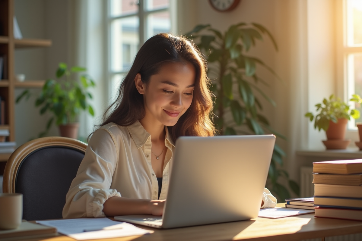 Jeune femme confiante étudie dans un bureau lumineux avec diplôme BTS