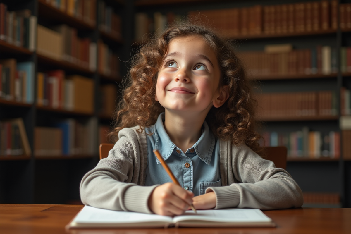 Fille de 10 ans écrivant dans un carnet en bibliothèque
