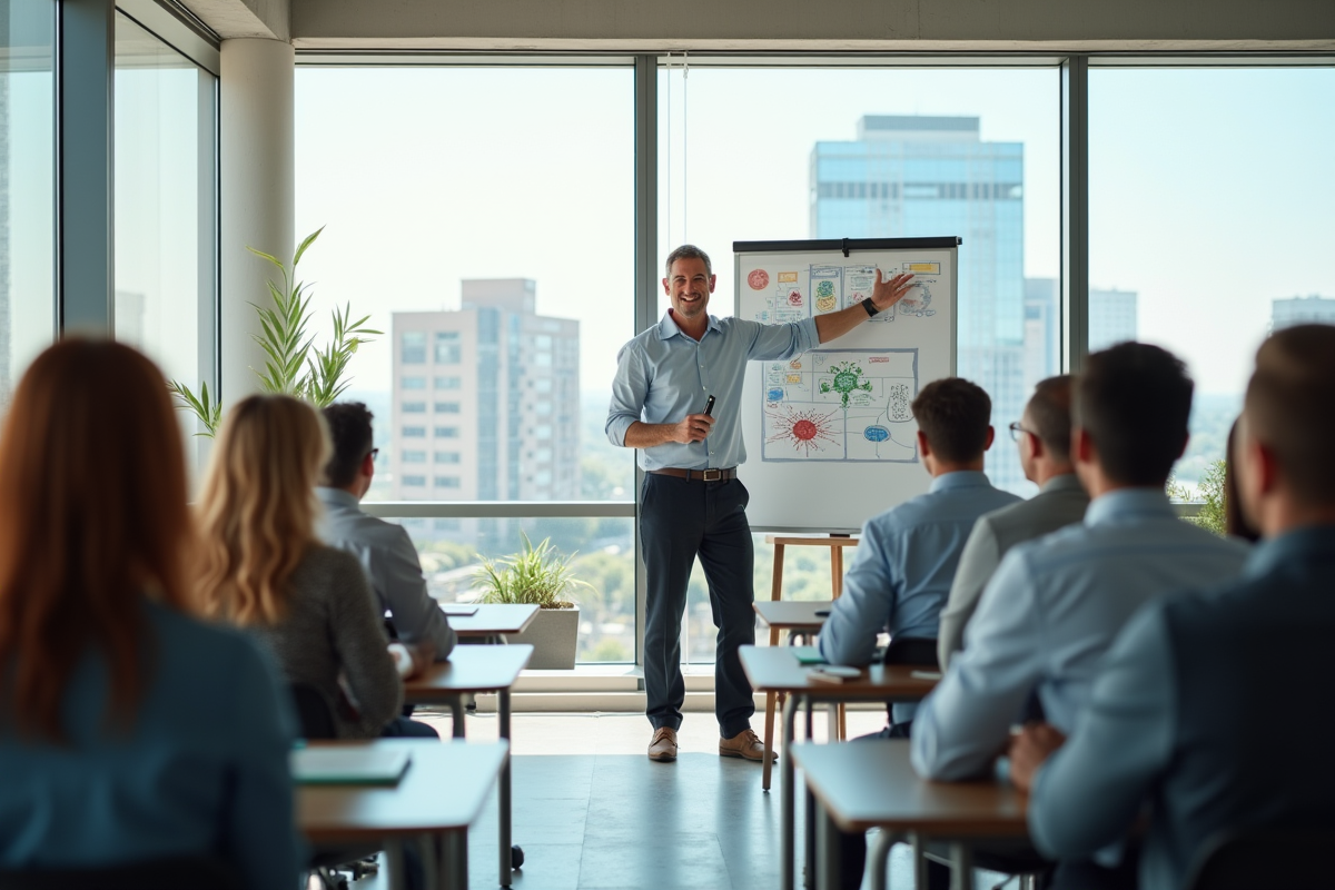 Formateur souriant devant tableau blanc lors d